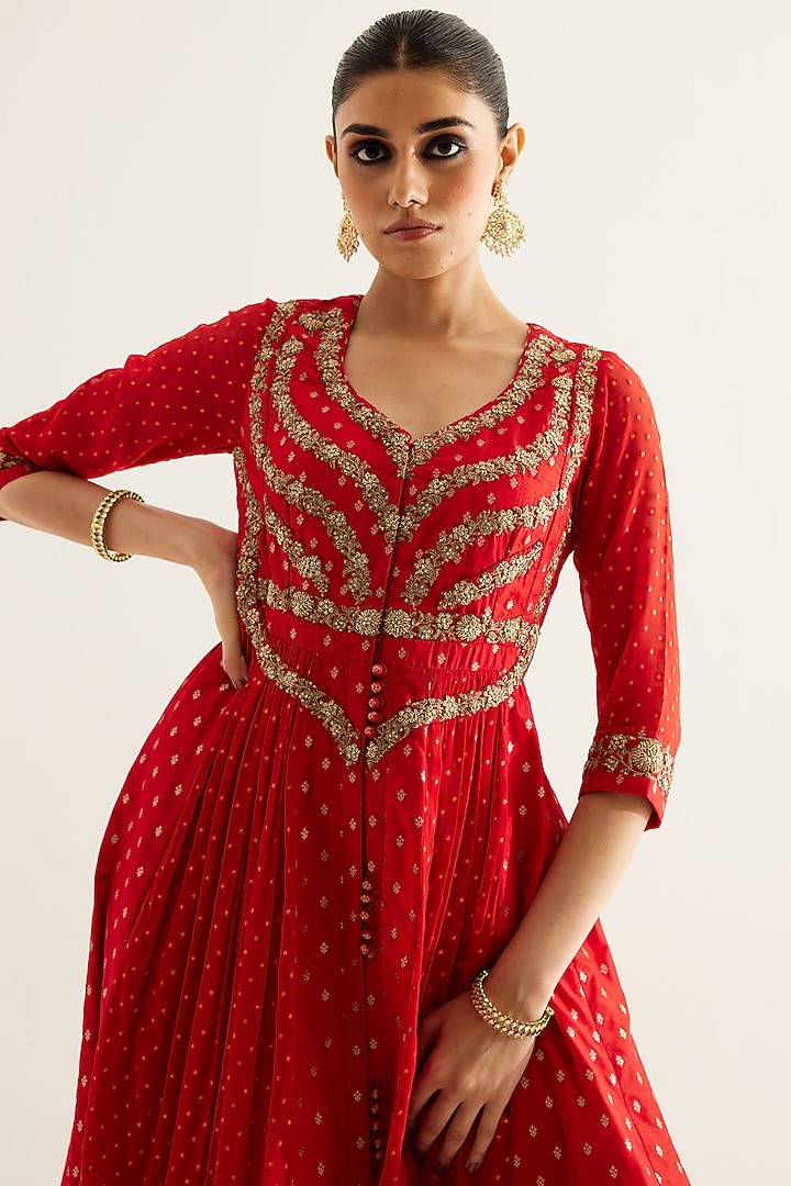 Red Silk Brocade & Georgette Zardosi Embroidered Wedding Anarkali Set by Shyam Narayan Prasad at Pernia's Pop Up Shop