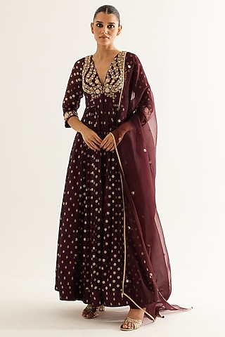 Wine Silk Brocade & Georgette Zardosi Embroidered Anarkali Set by Shyam Narayan Prasad