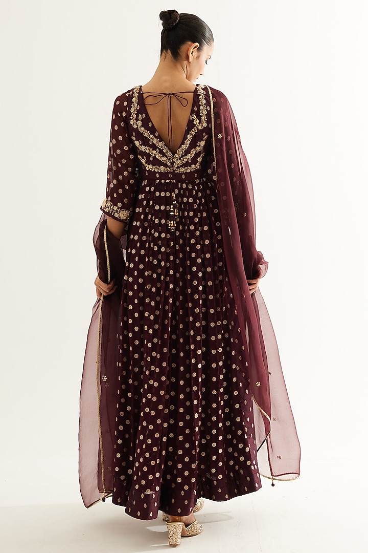 Wine Silk Brocade & Georgette Zardosi Embroidered Wedding Anarkali Set by Shyam Narayan Prasad at Pernia's Pop Up Shop