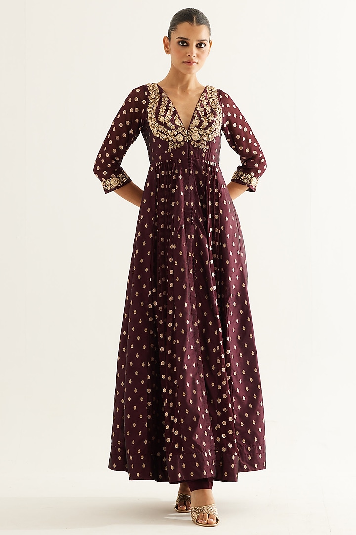Wine Silk Brocade & Georgette Zardosi Embroidered Wedding Anarkali Set by Shyam Narayan Prasad at Pernia's Pop Up Shop