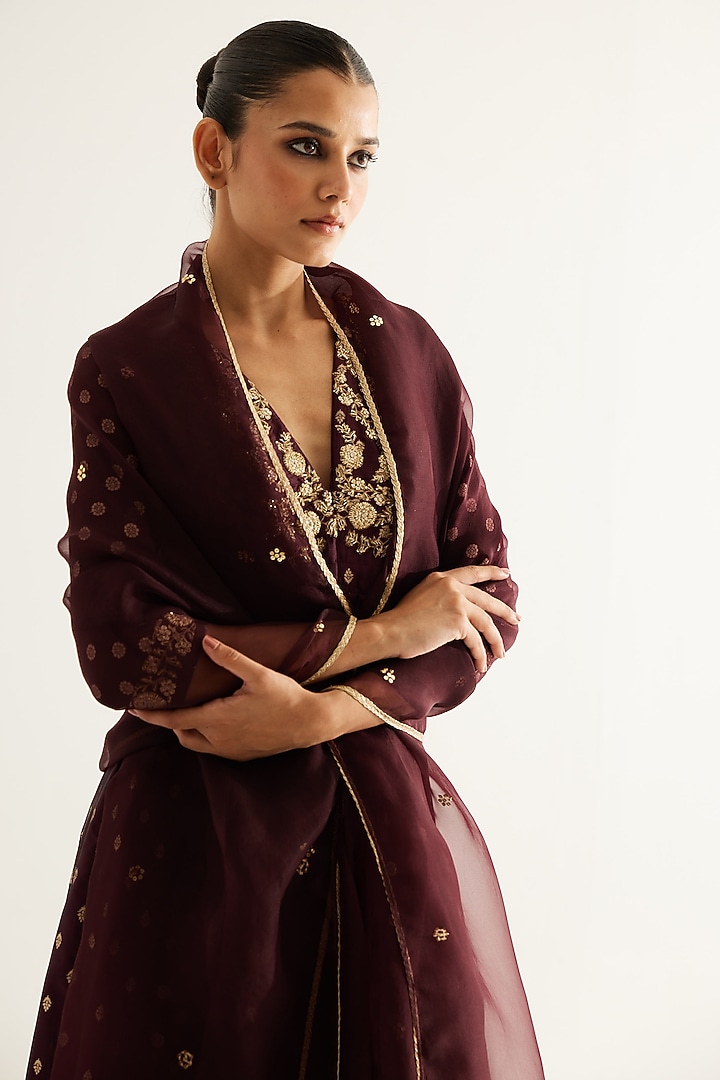 Wine Silk Brocade & Georgette Zardosi Embroidered Wedding Anarkali Set by Shyam Narayan Prasad at Pernia's Pop Up Shop