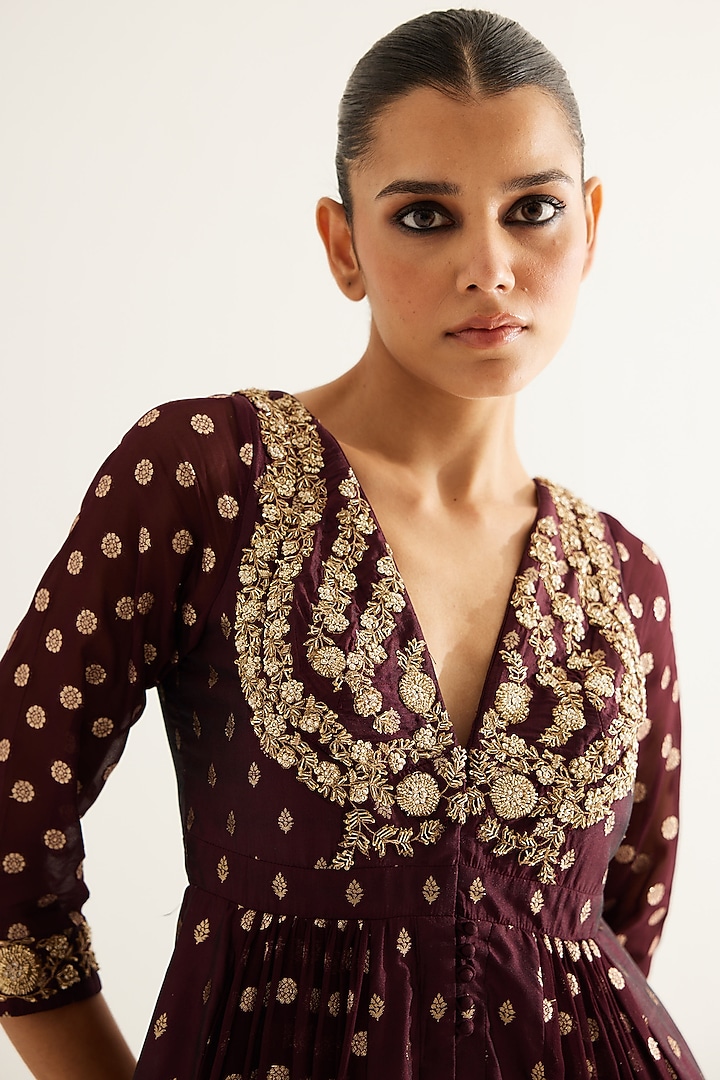 Wine Silk Brocade & Georgette Zardosi Embroidered Wedding Anarkali Set by Shyam Narayan Prasad at Pernia's Pop Up Shop