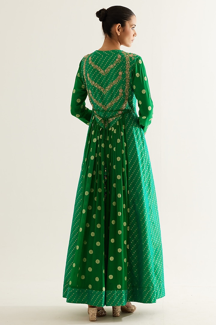 Emerald Green Silk Brocade & Georgette Zardosi Embroidered Wedding Anarkali Set by Shyam Narayan Prasad at Pernia's Pop Up Shop