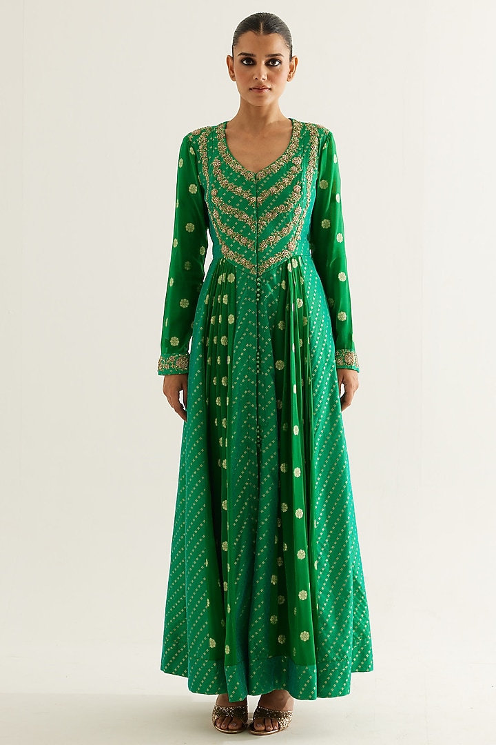Emerald Green Silk Brocade & Georgette Zardosi Embroidered Wedding Anarkali Set by Shyam Narayan Prasad at Pernia's Pop Up Shop