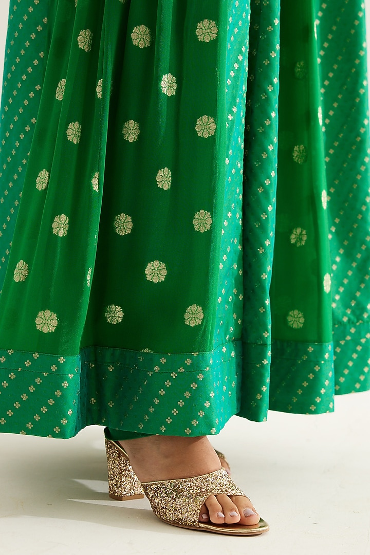 Emerald Green Silk Brocade & Georgette Zardosi Embroidered Wedding Anarkali Set by Shyam Narayan Prasad at Pernia's Pop Up Shop