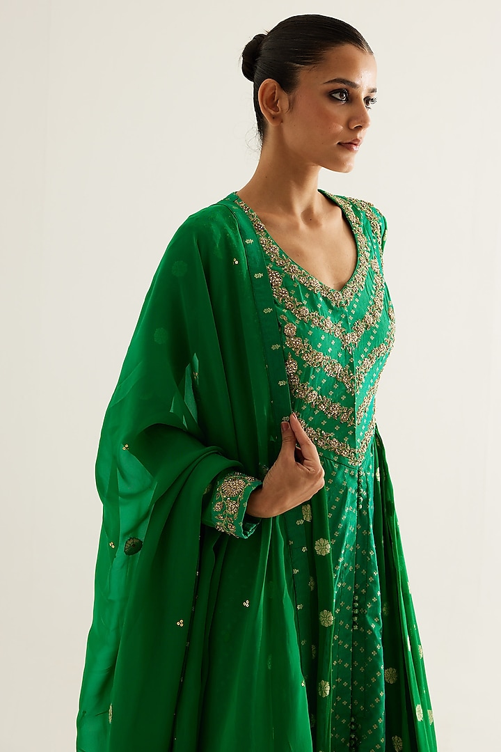Emerald Green Silk Brocade & Georgette Zardosi Embroidered Wedding Anarkali Set by Shyam Narayan Prasad at Pernia's Pop Up Shop