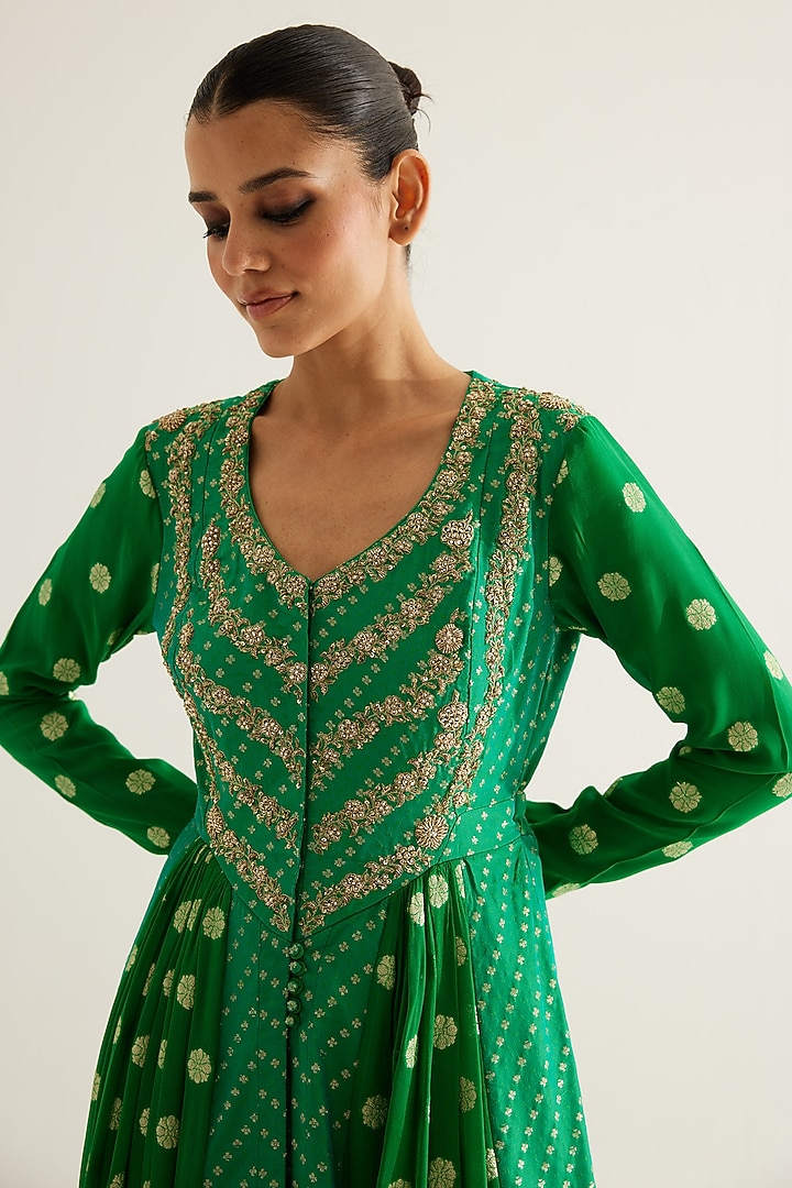 Emerald Green Silk Brocade & Georgette Zardosi Embroidered Wedding Anarkali Set by Shyam Narayan Prasad at Pernia's Pop Up Shop