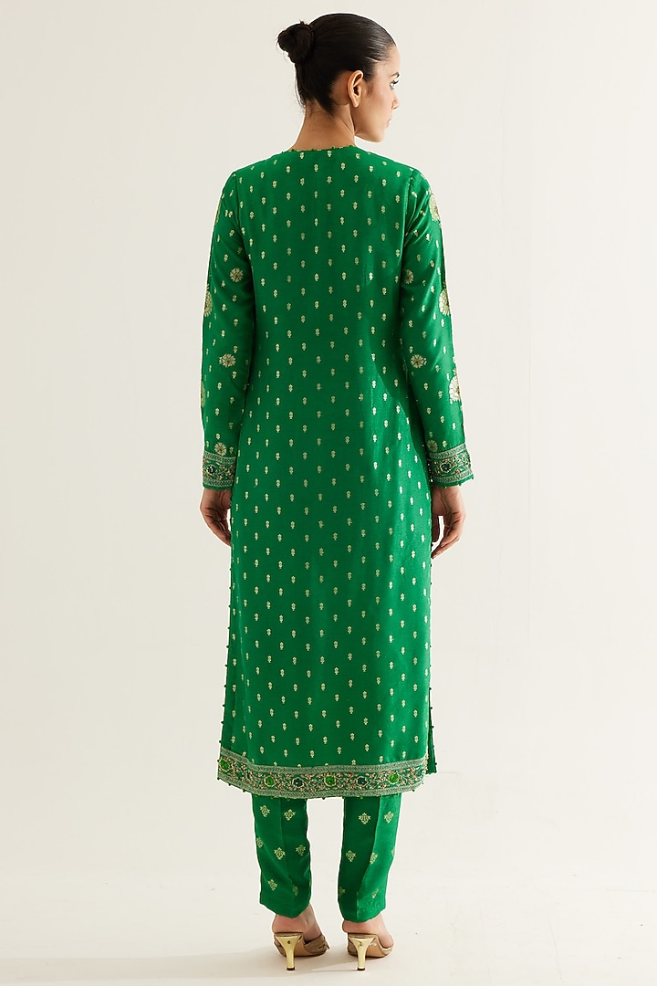 Emerald Green Silk Brocade & Georgette Zardosi Embroidered Kurta Set by Shyam Narayan Prasad at Pernia's Pop Up Shop