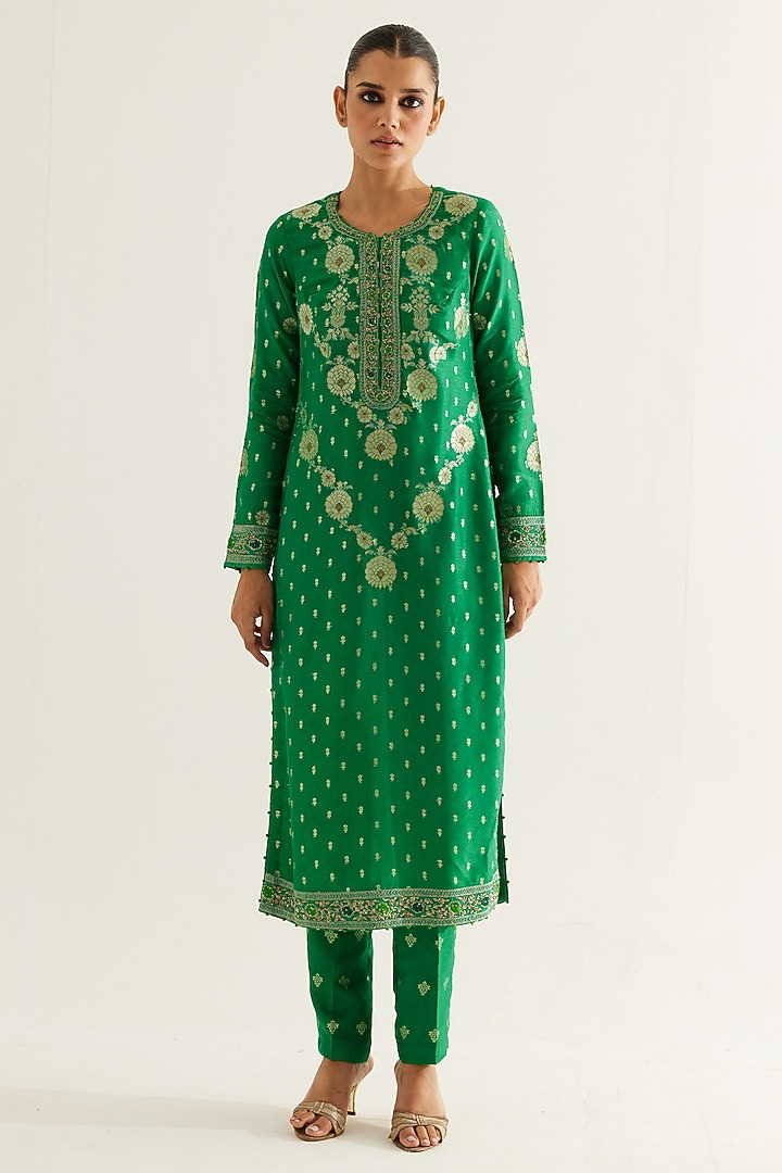 Emerald Green Silk Brocade & Georgette Zardosi Embroidered Kurta Set by Shyam Narayan Prasad at Pernia's Pop Up Shop