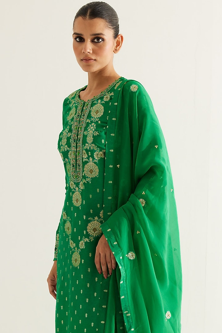 Emerald Green Silk Brocade & Georgette Zardosi Embroidered Kurta Set by Shyam Narayan Prasad at Pernia's Pop Up Shop