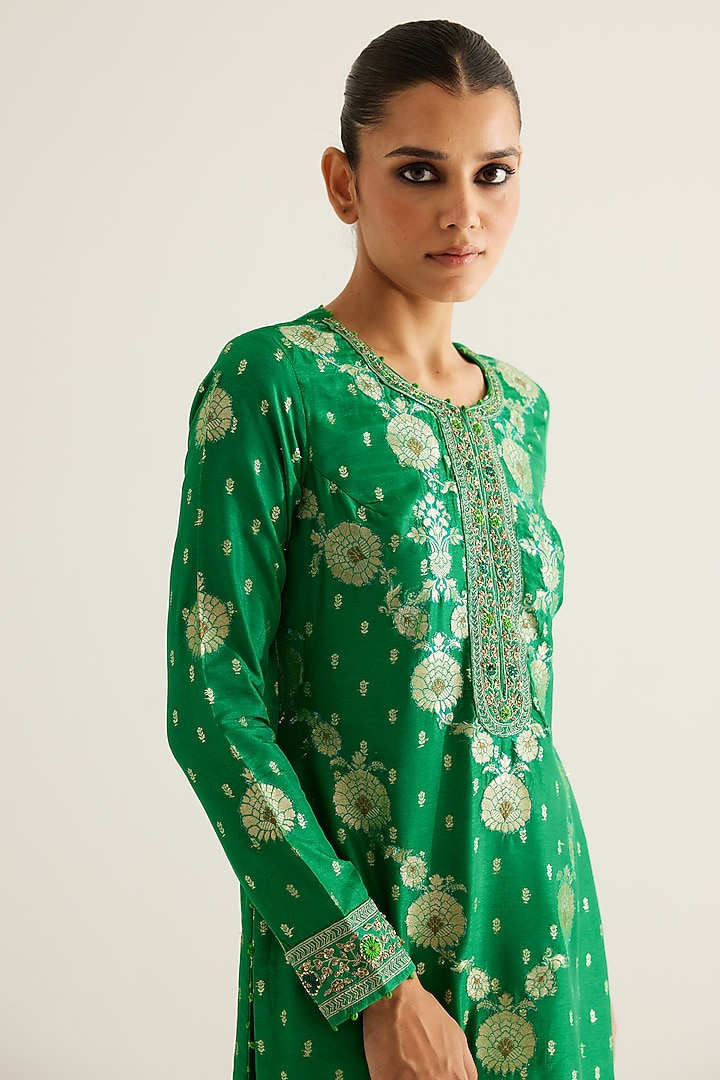 Emerald Green Silk Brocade & Georgette Zardosi Embroidered Kurta Set by Shyam Narayan Prasad at Pernia's Pop Up Shop