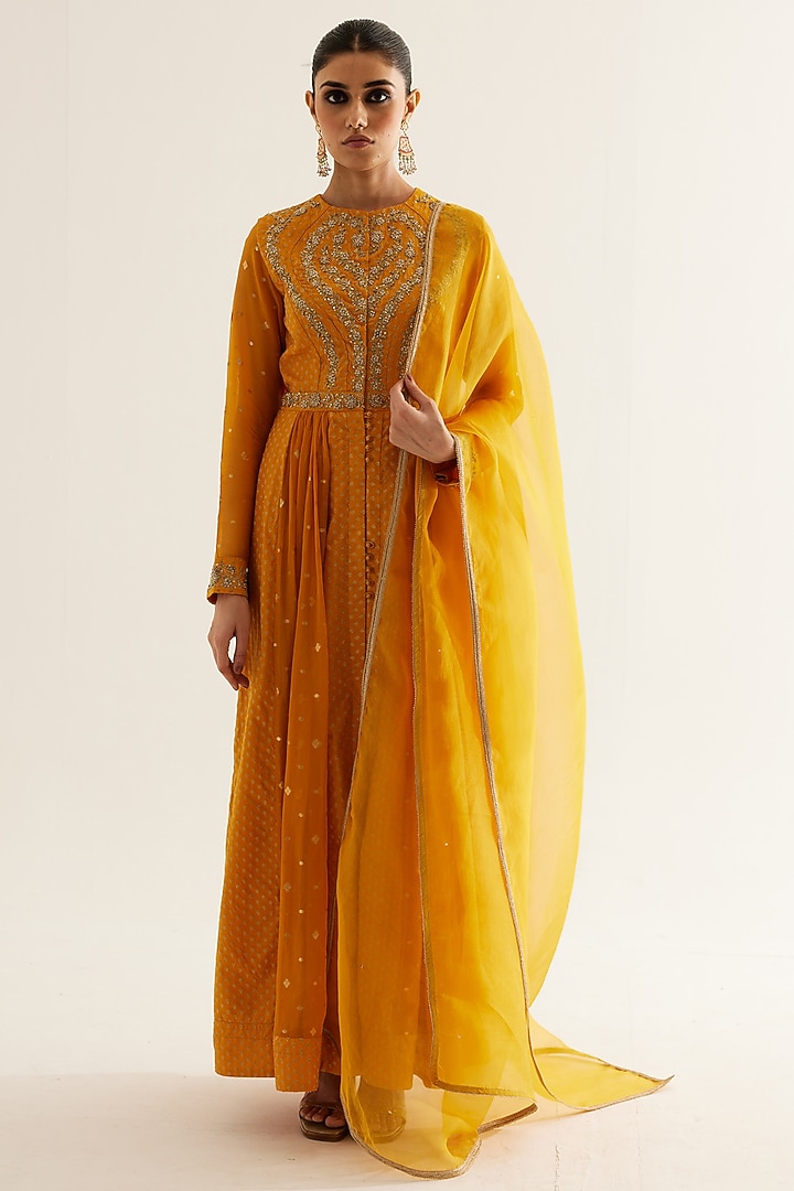 Mustard Silk Brocade & Georgette Zardosi Embroidered Wedding Anarkali Set by Shyam Narayan Prasad at Pernia's Pop Up Shop