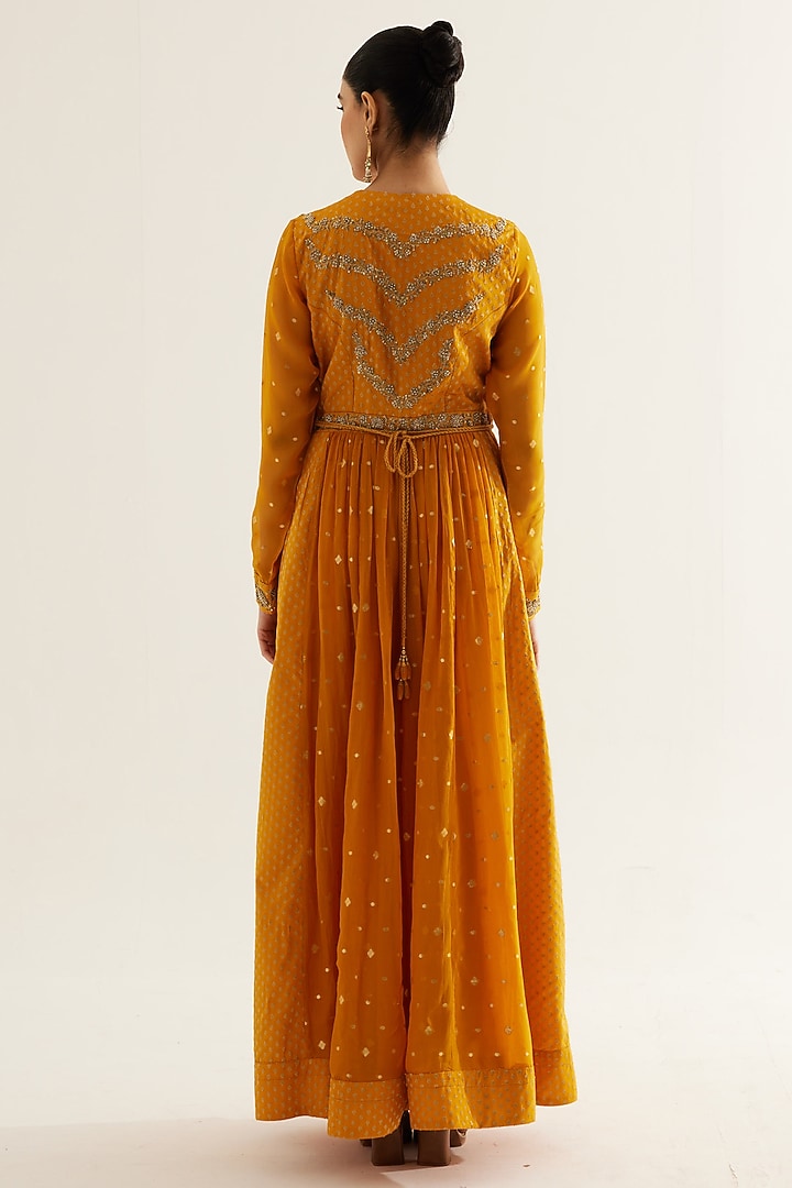 Mustard Silk Brocade & Georgette Zardosi Embroidered Wedding Anarkali Set by Shyam Narayan Prasad at Pernia's Pop Up Shop