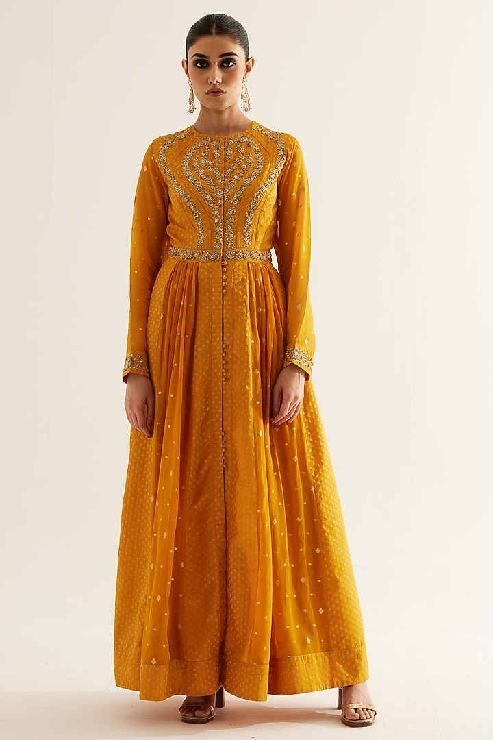 Mustard Silk Brocade & Georgette Zardosi Embroidered Wedding Anarkali Set by Shyam Narayan Prasad at Pernia's Pop Up Shop