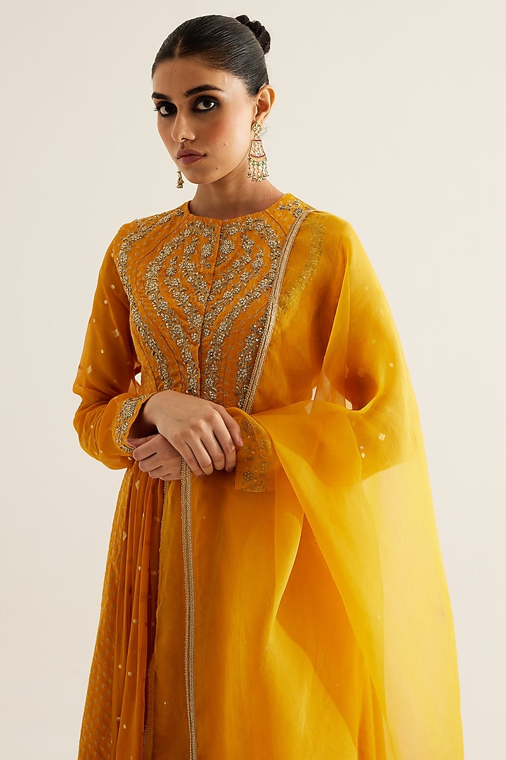 Mustard Silk Brocade & Georgette Zardosi Embroidered Wedding Anarkali Set by Shyam Narayan Prasad at Pernia's Pop Up Shop