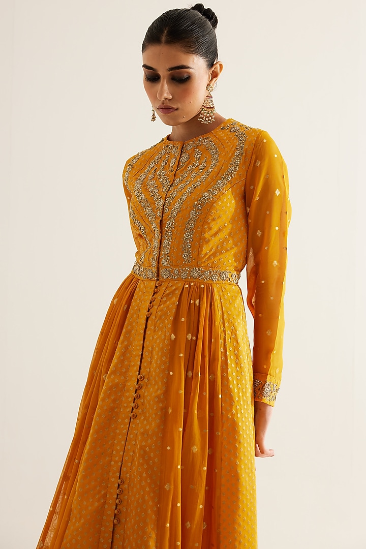 Mustard Silk Brocade & Georgette Zardosi Embroidered Wedding Anarkali Set by Shyam Narayan Prasad at Pernia's Pop Up Shop