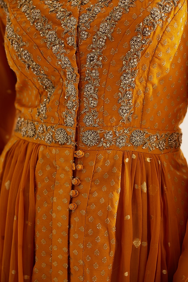 Mustard Silk Brocade & Georgette Zardosi Embroidered Wedding Anarkali Set by Shyam Narayan Prasad at Pernia's Pop Up Shop