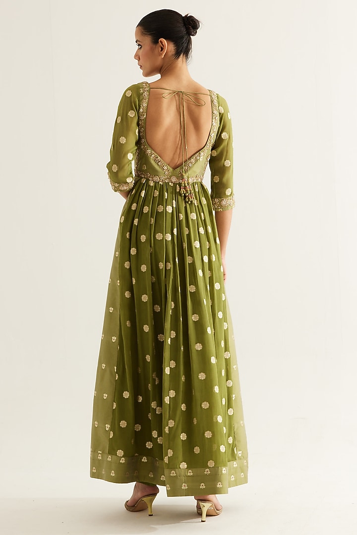 Olive Green Silk Brocade & Georgette Zardosi Embroidered Wedding Anarkali Set by Shyam Narayan Prasad at Pernia's Pop Up Shop