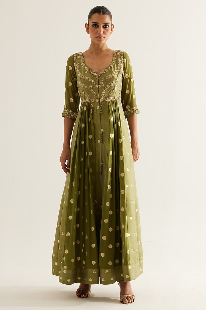 Olive Green Silk Brocade & Georgette Zardosi Embroidered Wedding Anarkali Set by Shyam Narayan Prasad at Pernia's Pop Up Shop