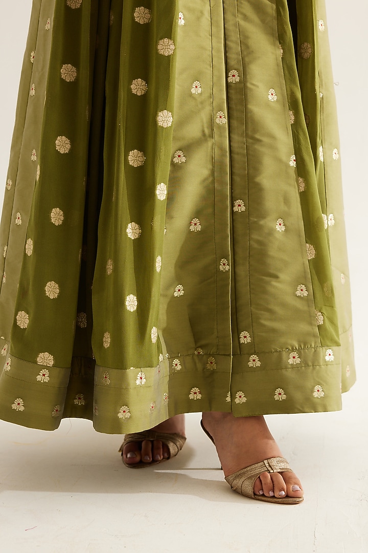 Olive Green Silk Brocade & Georgette Zardosi Embroidered Wedding Anarkali Set by Shyam Narayan Prasad at Pernia's Pop Up Shop