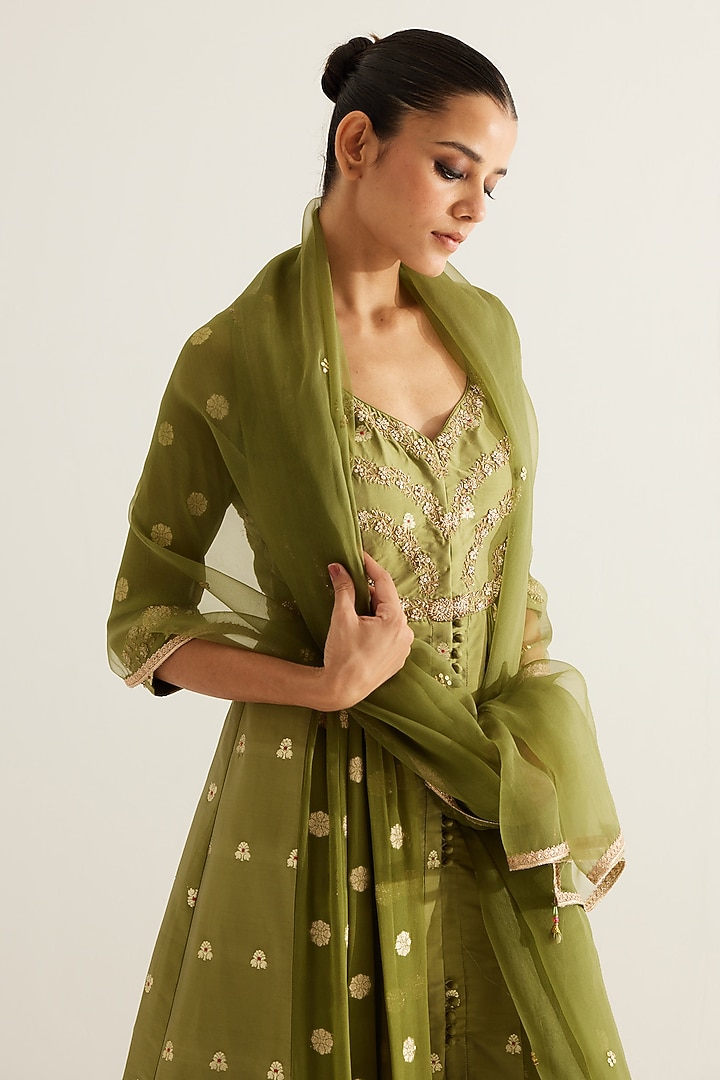Olive Green Silk Brocade & Georgette Zardosi Embroidered Wedding Anarkali Set by Shyam Narayan Prasad at Pernia's Pop Up Shop