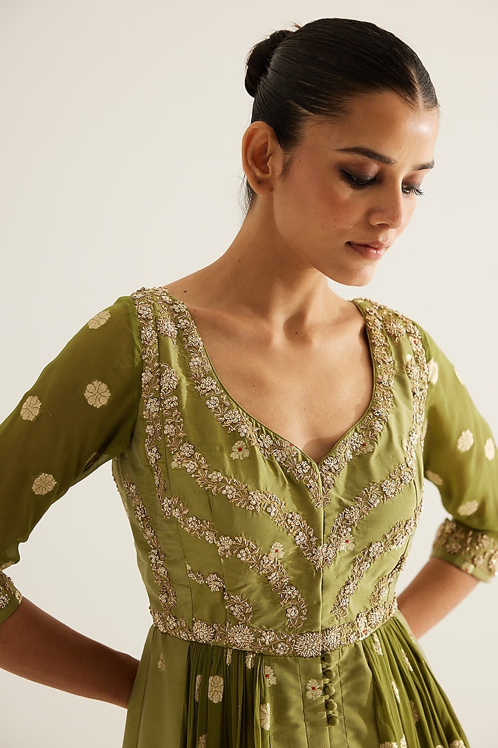 Olive Green Silk Brocade & Georgette Zardosi Embroidered Wedding Anarkali Set by Shyam Narayan Prasad at Pernia's Pop Up Shop