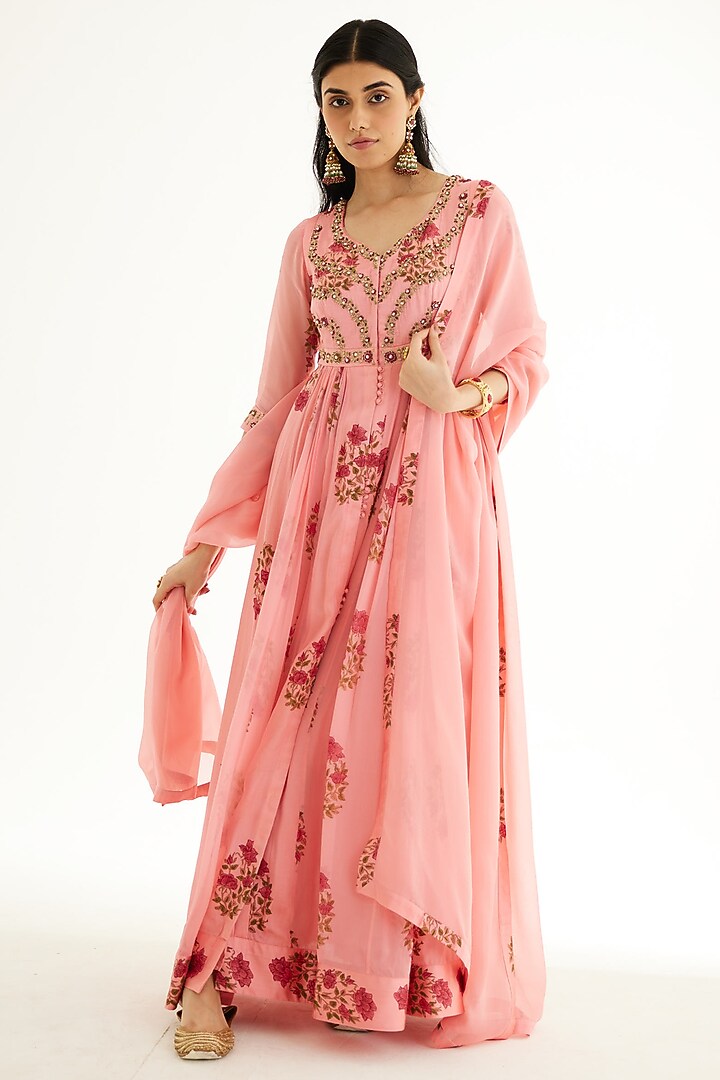 Candy Pink Modal Zardosi Embroidered & Hand Block Printed Party Wear Anarkali Set by Shyam Narayan Prasad at Pernia's Pop Up Shop