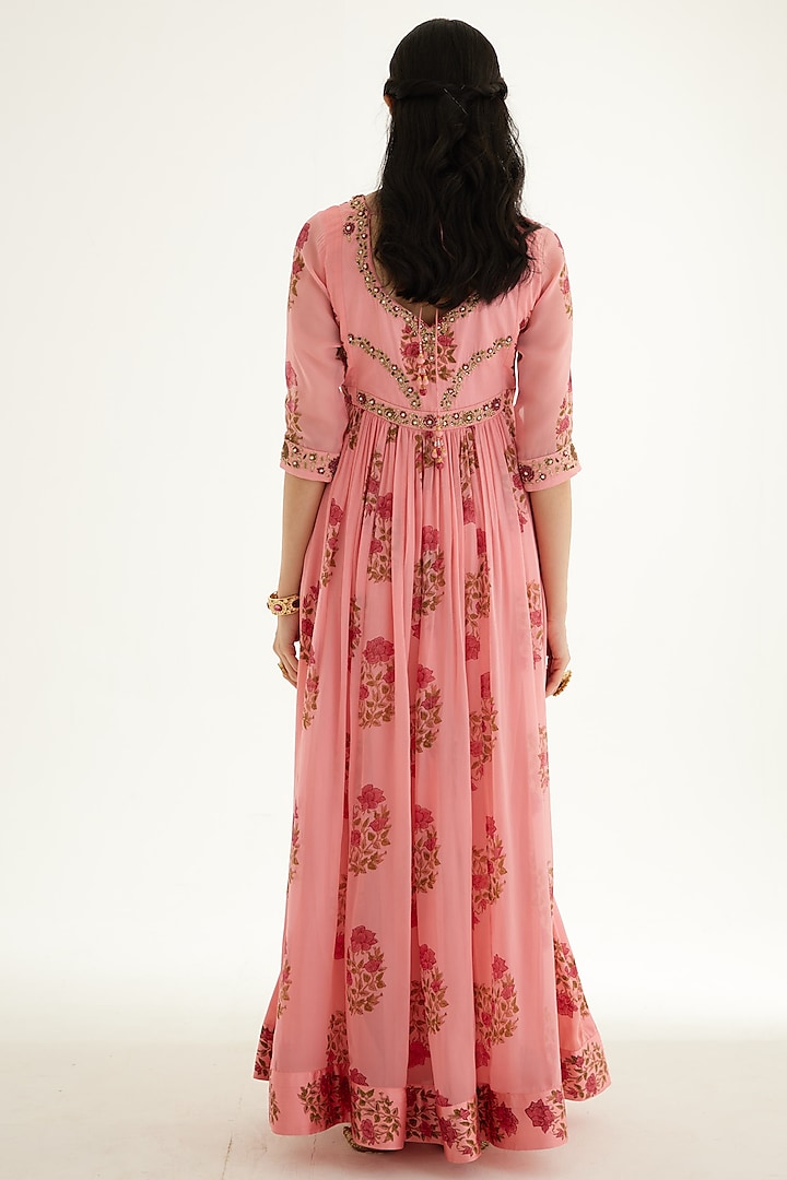 Candy Pink Modal Zardosi Embroidered & Hand Block Printed Wedding Anarkali Set by Shyam Narayan Prasad at Pernia's Pop Up Shop