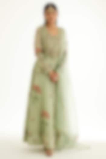 Smoke Green Silk Chanderi Zardosi Embroidered & Hand Block Printed Wedding Anarkali Set by Shyam Narayan Prasad at Pernia's Pop Up Shop