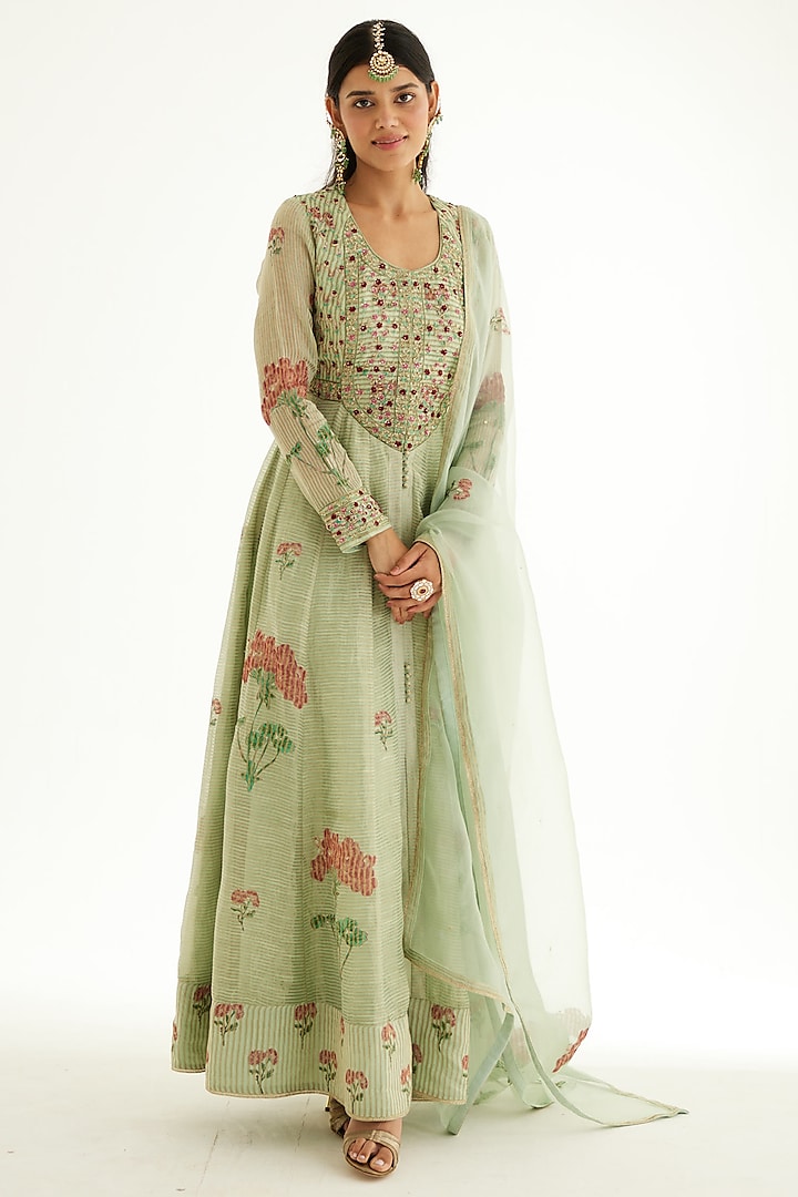 Smoke Green Silk Chanderi Zardosi Embroidered & Hand Block Printed Wedding Anarkali Set by Shyam Narayan Prasad at Pernia's Pop Up Shop