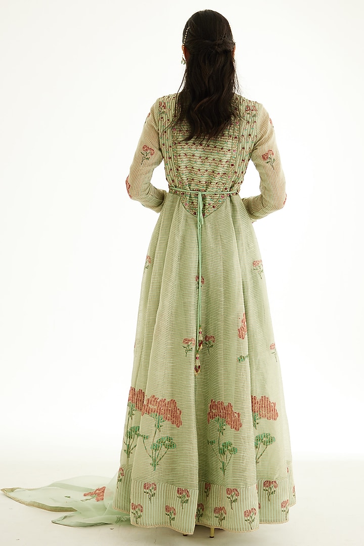 Smoke Green Silk Chanderi Zardosi Embroidered & Hand Block Printed Wedding Anarkali Set by Shyam Narayan Prasad at Pernia's Pop Up Shop