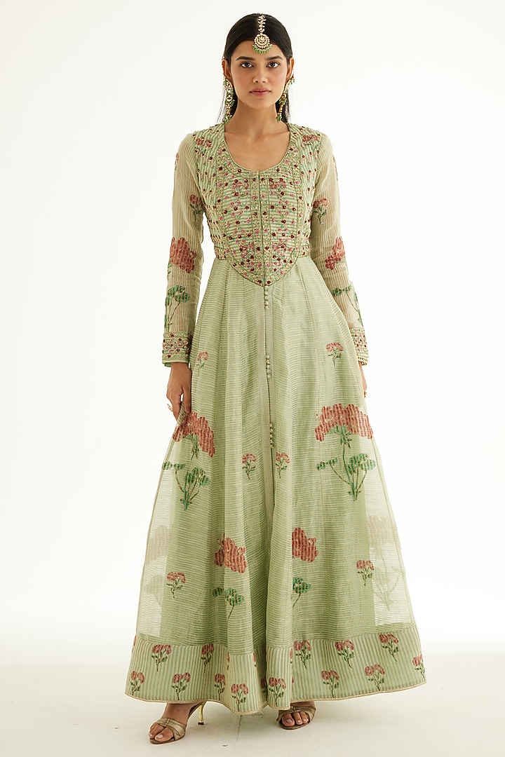 Smoke Green Silk Chanderi Zardosi Embroidered & Hand Block Printed Wedding Anarkali Set by Shyam Narayan Prasad at Pernia's Pop Up Shop