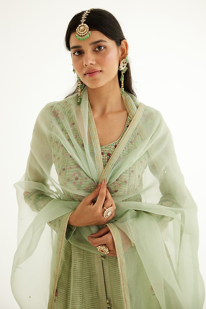 Smoke Green Silk Chanderi Zardosi Embroidered & Hand Block Printed Wedding Anarkali Set by Shyam Narayan Prasad at Pernia's Pop Up Shop