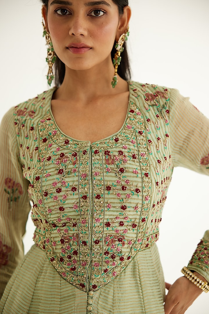 Smoke Green Silk Chanderi Zardosi Embroidered & Hand Block Printed Wedding Anarkali Set by Shyam Narayan Prasad at Pernia's Pop Up Shop