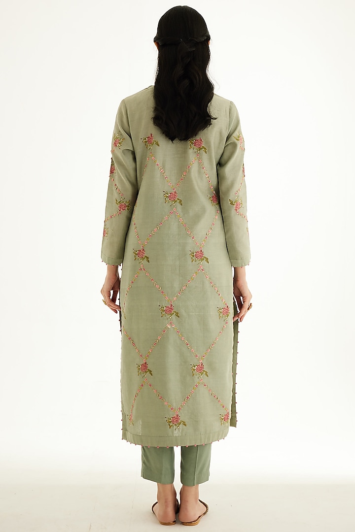 Basil Green Silk Chanderi Zardosi Embroidered & Hand Block Printed Kurta Set by Shyam Narayan Prasad at Pernia's Pop Up Shop