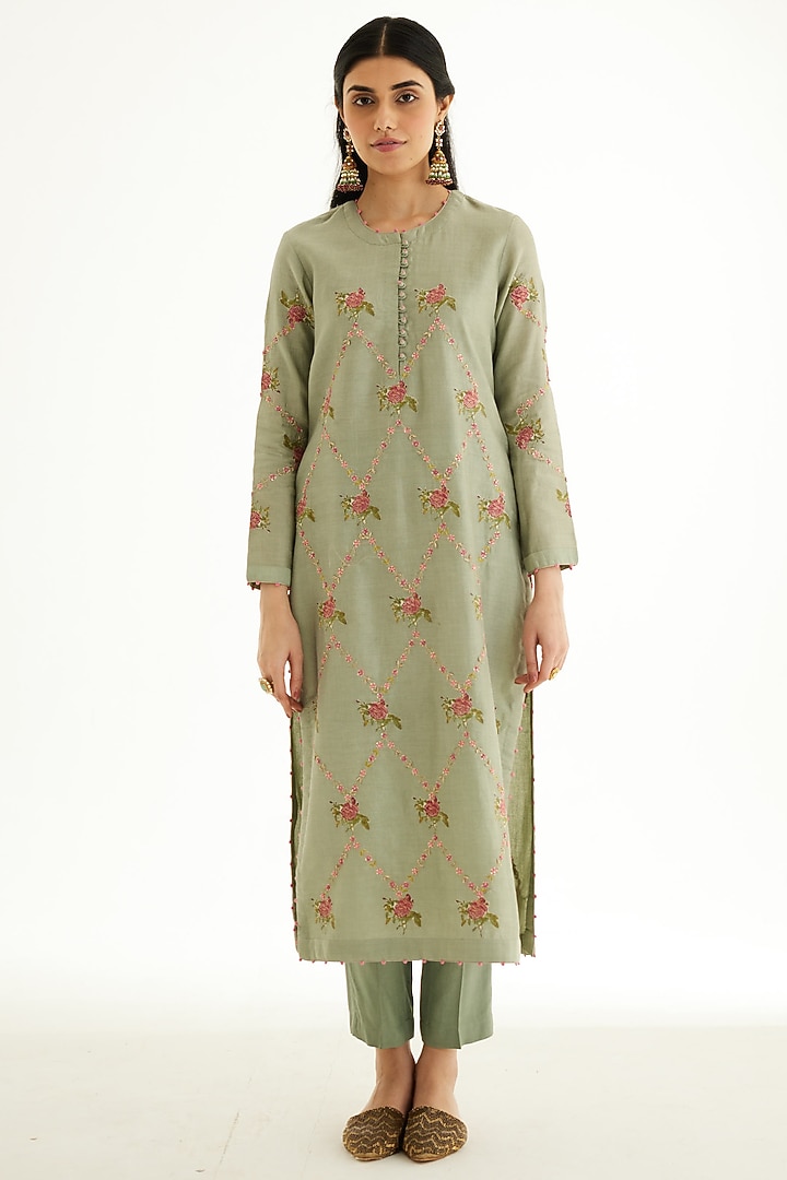 Basil Green Silk Chanderi Zardosi Embroidered & Hand Block Printed Kurta Set by Shyam Narayan Prasad at Pernia's Pop Up Shop