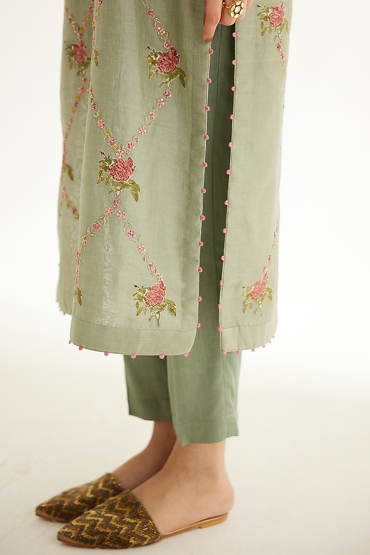 Basil Green Silk Chanderi Zardosi Embroidered & Hand Block Printed Kurta Set by Shyam Narayan Prasad at Pernia's Pop Up Shop
