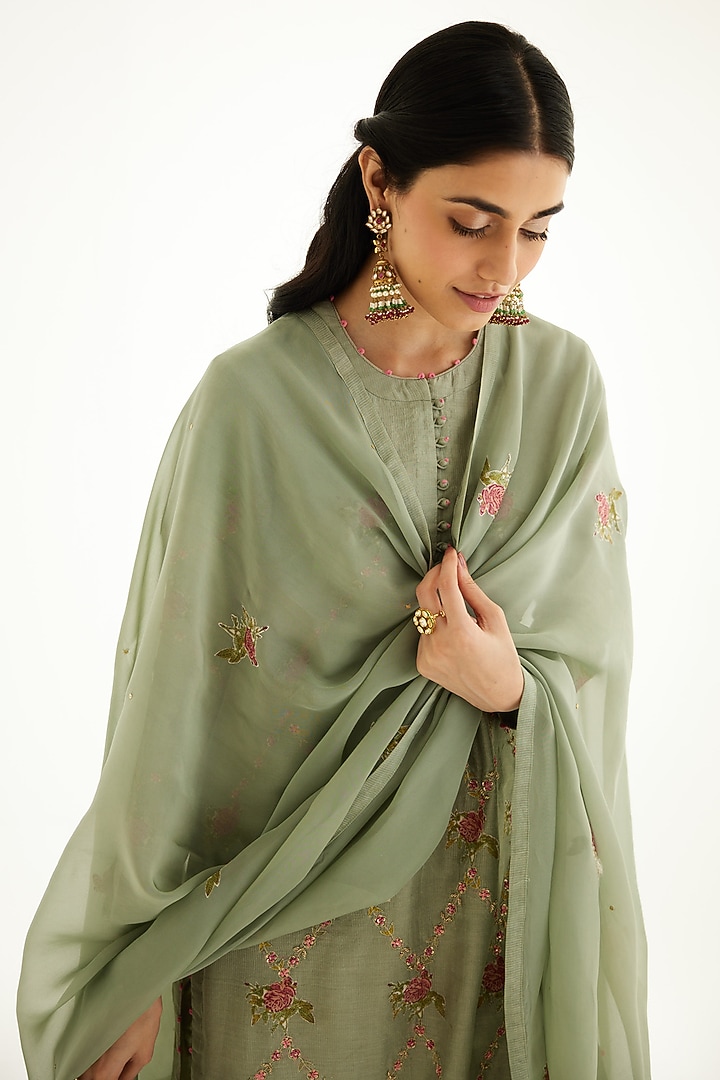 Basil Green Silk Chanderi Zardosi Embroidered & Hand Block Printed Kurta Set by Shyam Narayan Prasad at Pernia's Pop Up Shop