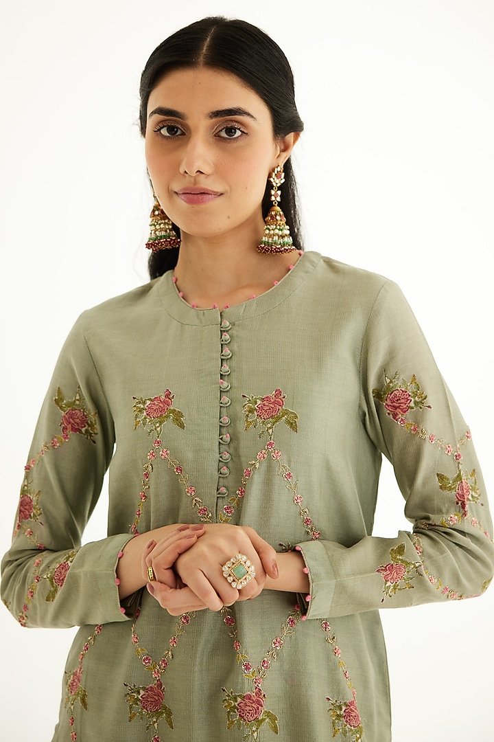 Basil Green Silk Chanderi Zardosi Embroidered & Hand Block Printed Kurta Set by Shyam Narayan Prasad at Pernia's Pop Up Shop