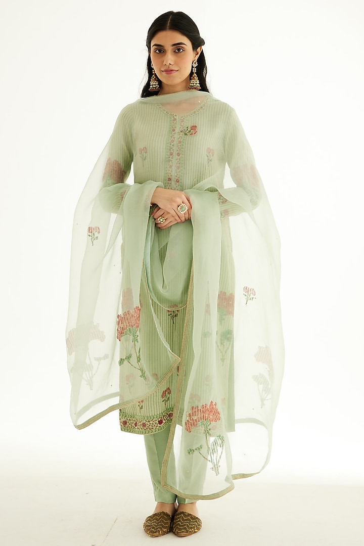 Smoke Green Silk Chanderi Zardosi Embroidered & Hand Block Printed Kurta Set by Shyam Narayan Prasad at Pernia's Pop Up Shop