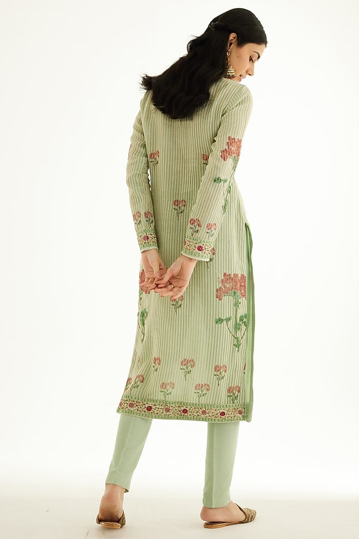 Smoke Green Silk Chanderi Zardosi Embroidered & Hand Block Printed Kurta Set by Shyam Narayan Prasad at Pernia's Pop Up Shop