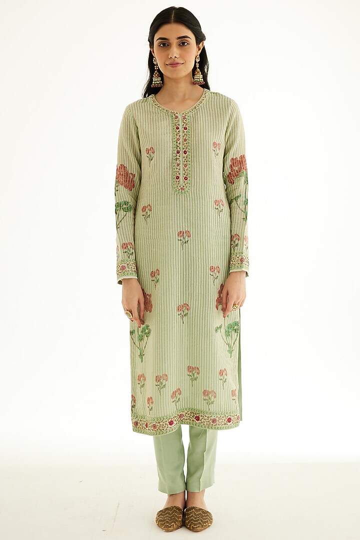 Smoke Green Silk Chanderi Zardosi Embroidered & Hand Block Printed Kurta Set by Shyam Narayan Prasad at Pernia's Pop Up Shop