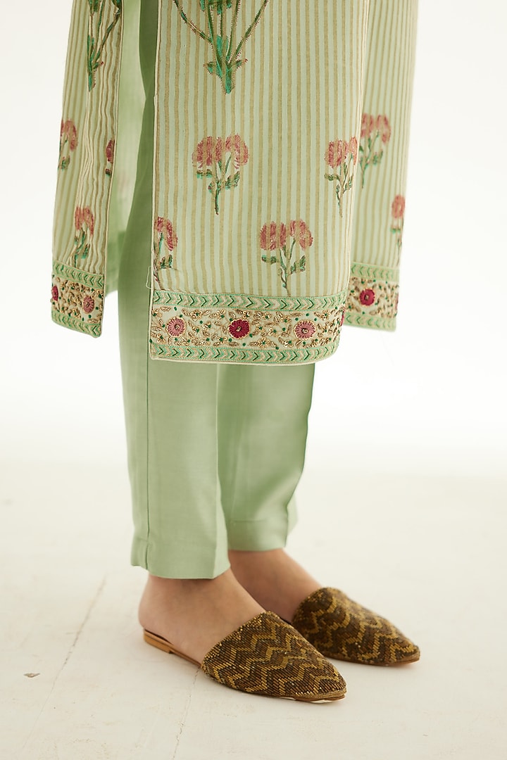 Smoke Green Silk Chanderi Zardosi Embroidered & Hand Block Printed Kurta Set by Shyam Narayan Prasad at Pernia's Pop Up Shop