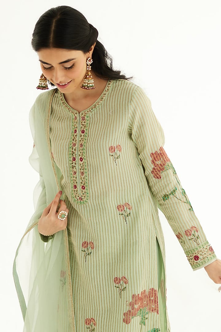 Smoke Green Silk Chanderi Zardosi Embroidered & Hand Block Printed Kurta Set by Shyam Narayan Prasad at Pernia's Pop Up Shop