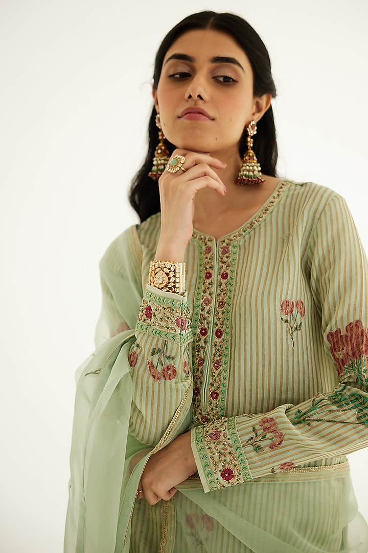 Smoke Green Silk Chanderi Zardosi Embroidered & Hand Block Printed Kurta Set by Shyam Narayan Prasad at Pernia's Pop Up Shop