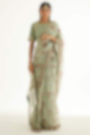 Smoke Green Silk Organza Zardosi Embroidered & Hand Block Printed Wedding Saree Set by Shyam Narayan Prasad at Pernia's Pop Up Shop