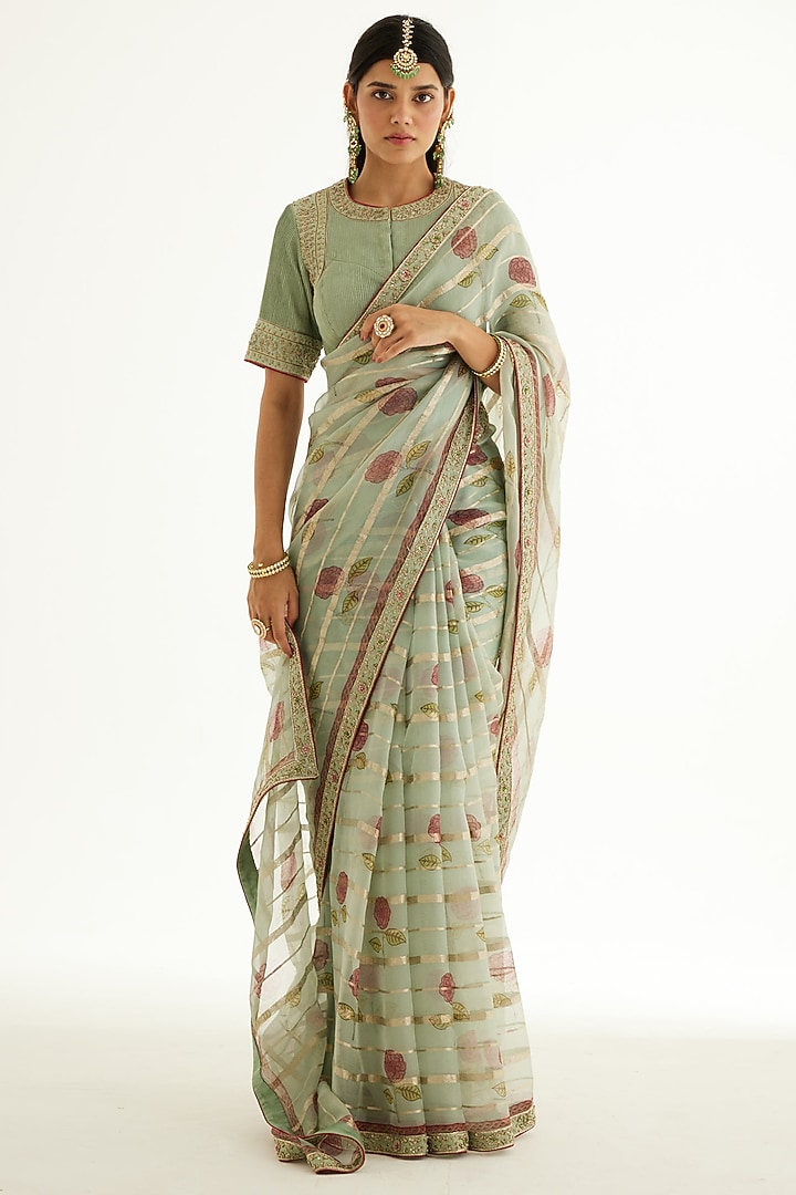 Smoke Green Silk Organza Zardosi Embroidered & Hand Block Printed Wedding Saree Set by Shyam Narayan Prasad at Pernia's Pop Up Shop