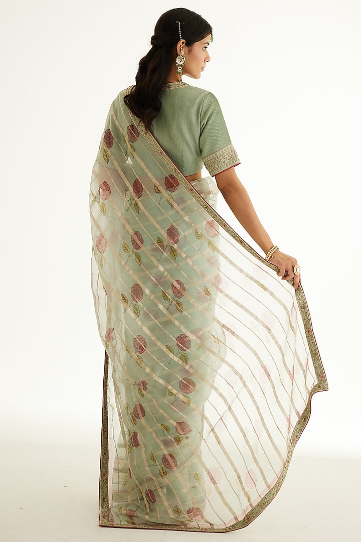 Smoke Green Silk Organza Zardosi Embroidered & Hand Block Printed Wedding Saree Set by Shyam Narayan Prasad at Pernia's Pop Up Shop