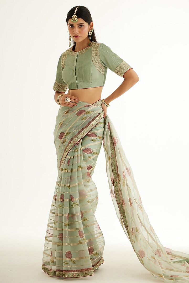 Smoke Green Silk Organza Zardosi Embroidered & Hand Block Printed Wedding Saree Set by Shyam Narayan Prasad at Pernia's Pop Up Shop
