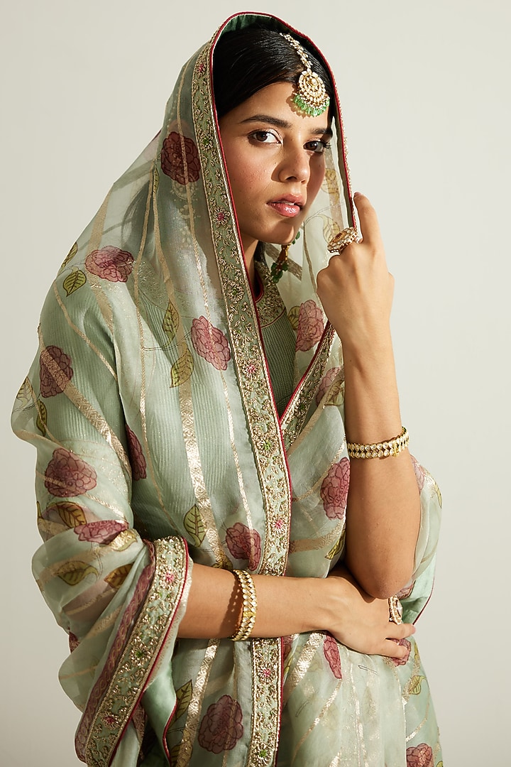 Smoke Green Silk Organza Zardosi Embroidered & Hand Block Printed Wedding Saree Set by Shyam Narayan Prasad at Pernia's Pop Up Shop